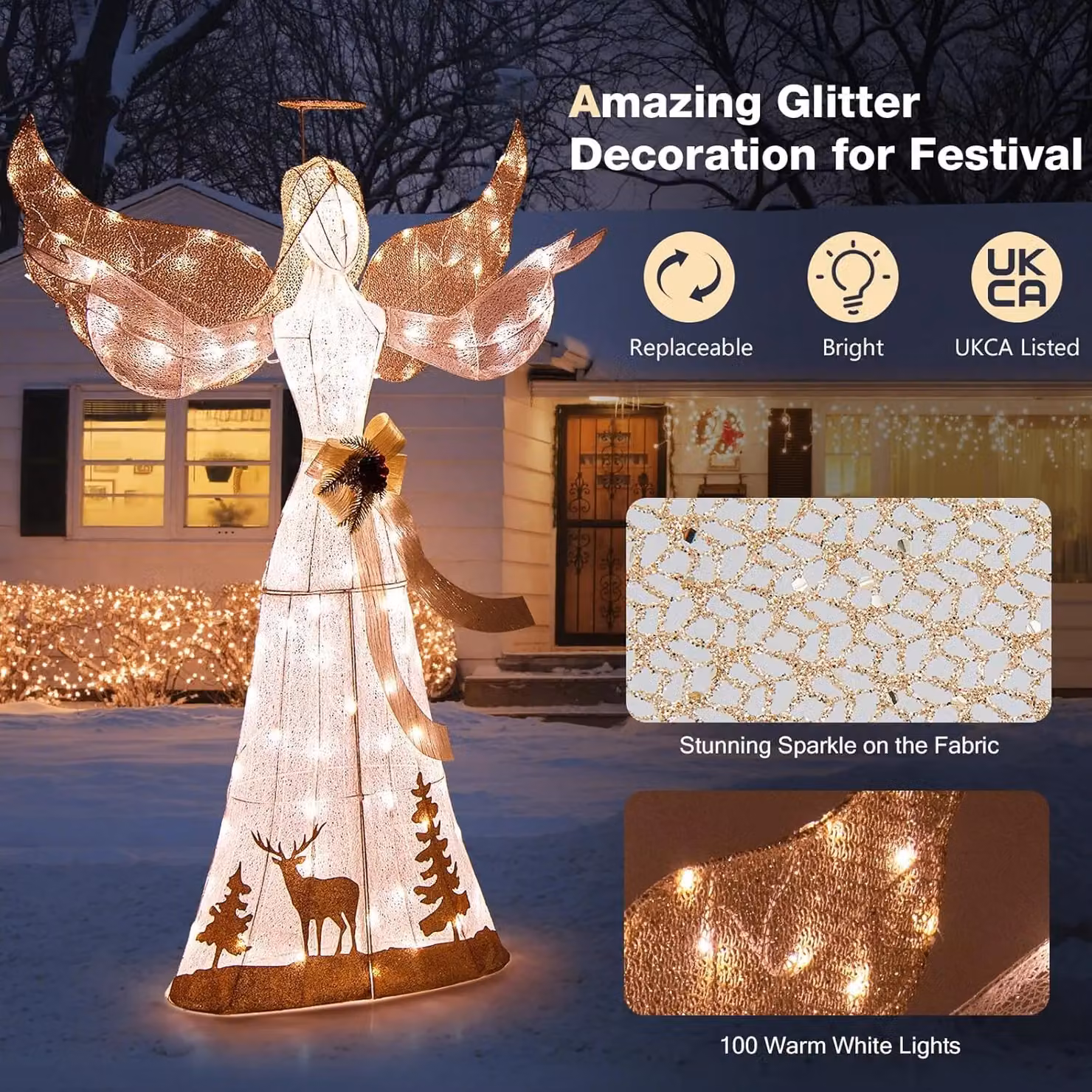 Costway 5FT Pre-lit 3D Glittered Christmas Angel with 100 Warm White Lights – 2