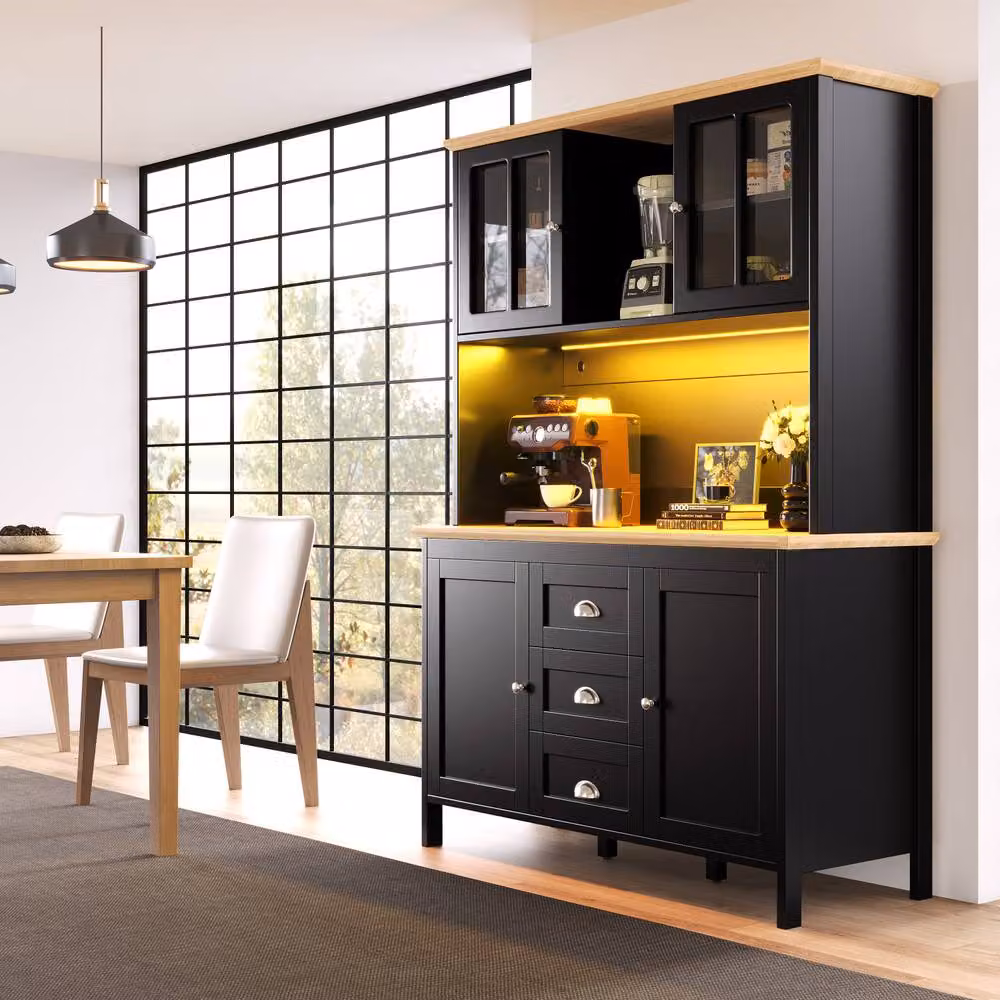 BTM Tall Sideboard with Integrated LED Lighting, 4 Doors and 3 Drawers in Black and Silver – 2