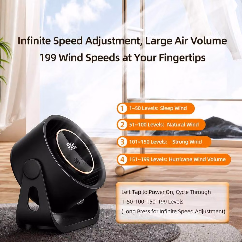 Dyzi Rechargeable Desktop and Wall Mount Fan with Digital Display and 199 Speeds in Black – 5
