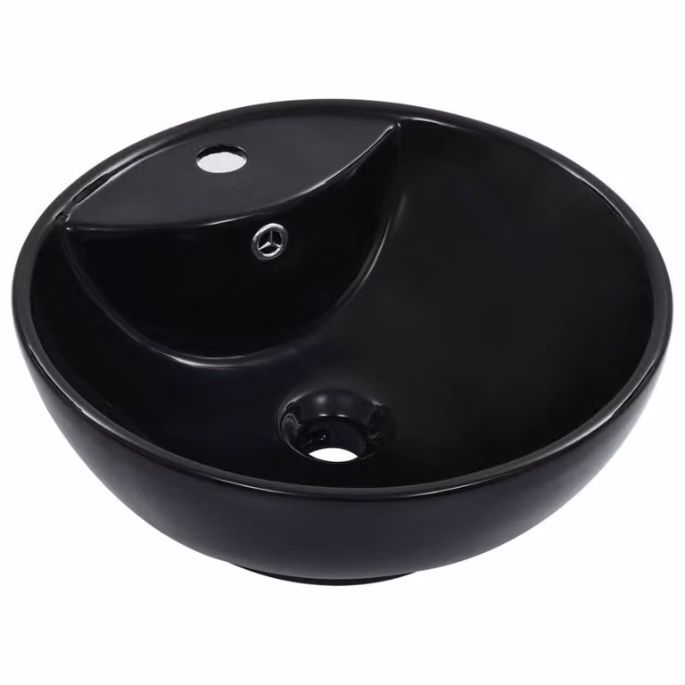 Berkfield Home Ceramic Round Countertop Wash Basin with Overflow, Black, W: 46.5 cm, D: 18 cm