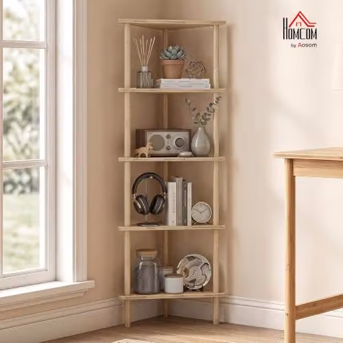 HOMCOM 5-Tier Bamboo Corner Storage Shelf, Brown Wood Finish, W/D/H: 41.5 x 21.5 x 114 cm – 2