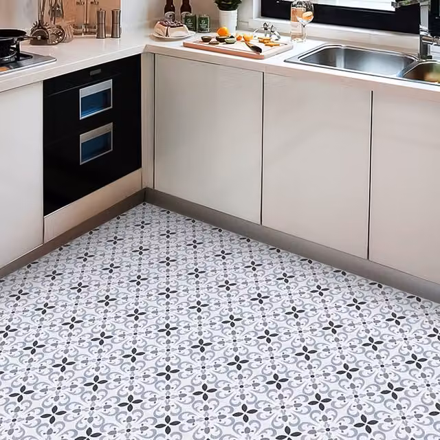 Livingandhome Self-Adhesive Vintage Floral PVC Flooring Tiles, Grey and Multicolour, W: 20 cm, L: 20 cm