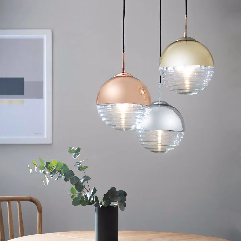 Loops Chrome and Ribbed Glass Sphere Hanging Ceiling Pendant Light in Transparent – 3
