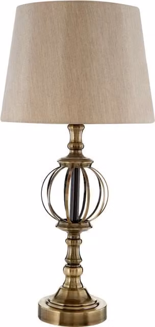Orsina Antique Brass Table Lamp with Gold Orb Base and Beige Fabric Shade