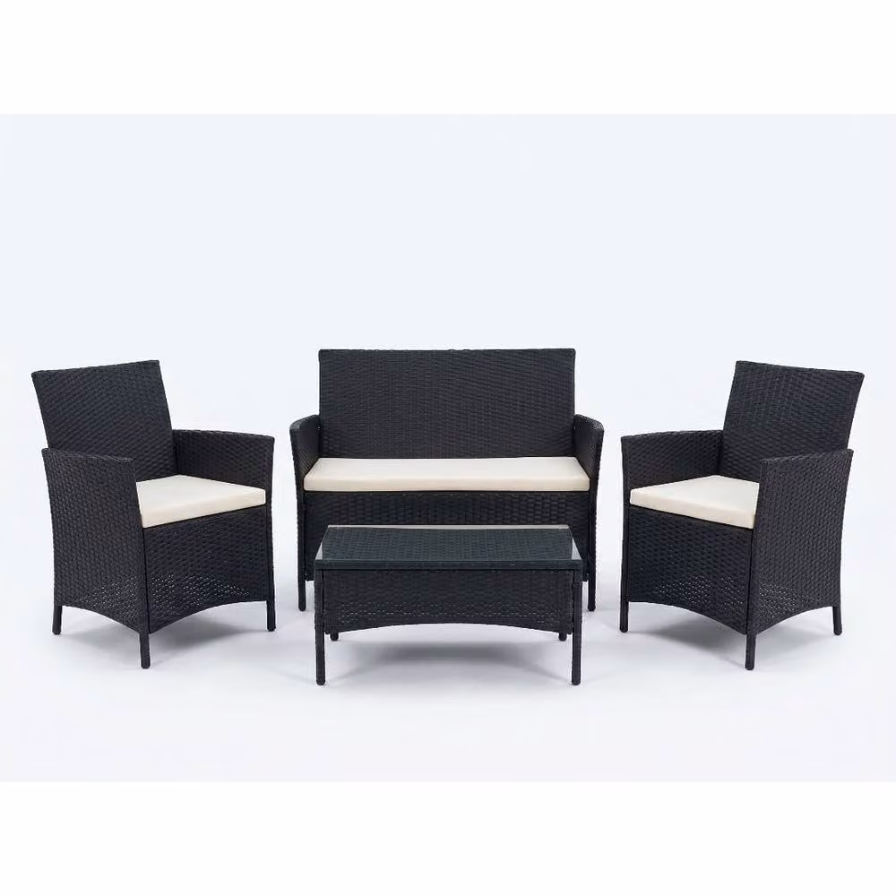 Comfy Living Ltd 4-Piece Black Polyrattan Garden Patio Furniture Set with Upholstered Cushions and Waterproof Cover – 2