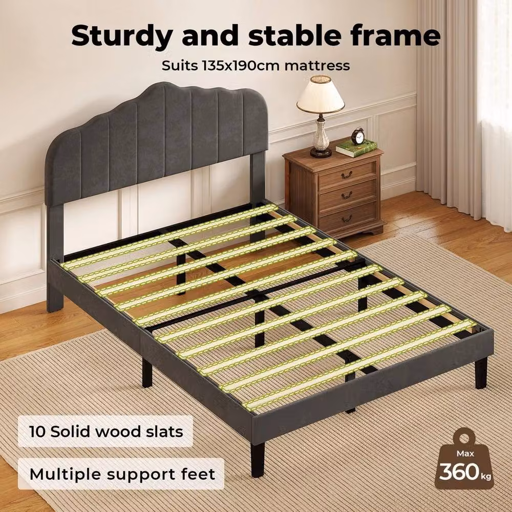 VOGREX Modern Upholstered Double Bed Frame with Scalloped Headboard in Grey – 3
