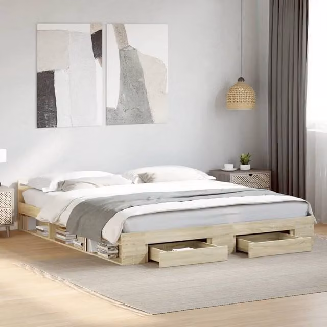 Berkfield Home Modern Bed Frame with Drawers in Sonoma Oak Brown, W/D/H: 200 x 200 cm