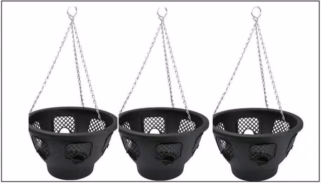 FLAVORA Set of 3 Black Plastic and Metal Hanging Baskets, Diameter: 30.48 cm