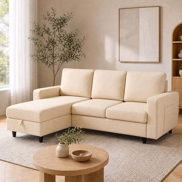 STILVORA Reversible L-Shaped Fabric Sofa in Beige with USB Charging, LED Lighting and Storage