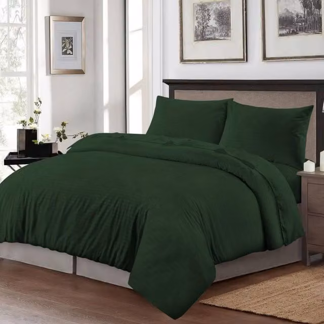Homes-Linen Luxury Brushed Microfibre Striped Duvet Cover and Pillowcase Set in Green, W: 140 cm, H: 200 cm – 1
