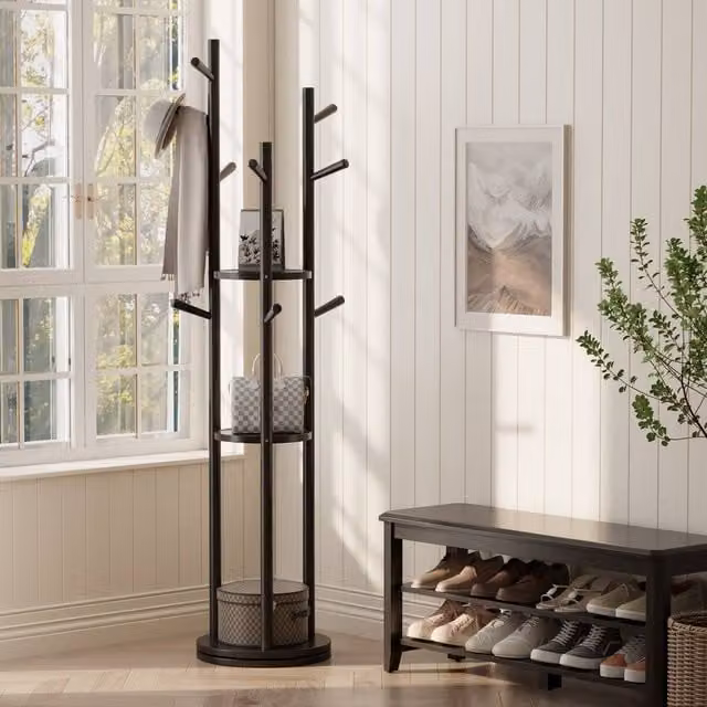 YQJJGL Black Solid Wood Freestanding Coat Rack with 3 Storage Shelves and Hooks, H 164 x W 40 x D 40 cm – 1
