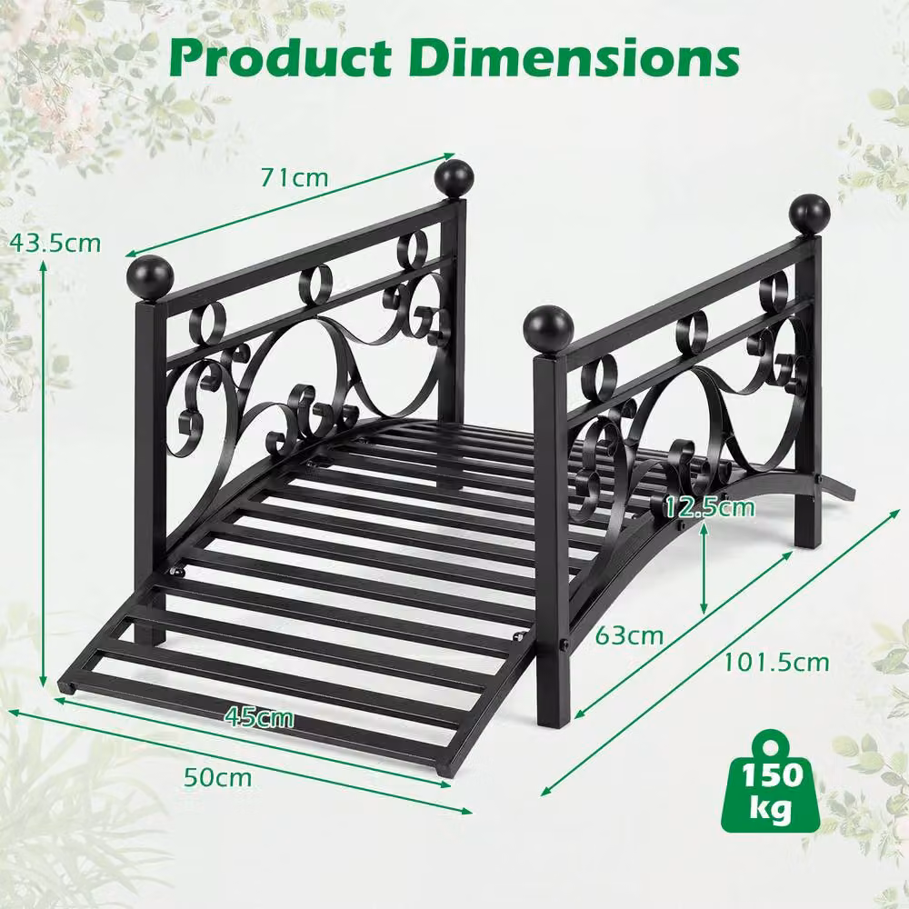 Gymax Arched Garden Bridge with Dual Patterned Metal Side Rails in Black, 101.5 cm – 5