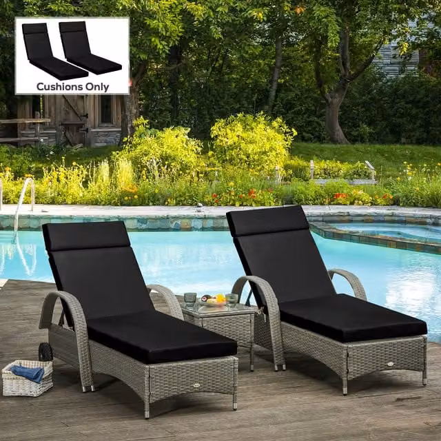 Outsunny Set of 2 Black Replacement Outdoor Seat Cushions for Rattan Furniture, W: 196 cm, D: 55 cm – 1