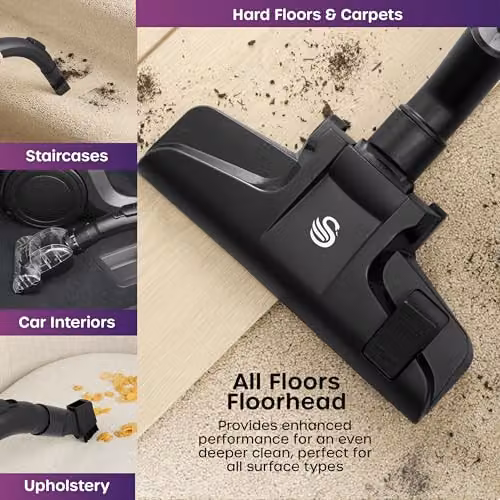 Swan Dustmaster Bagless Cylinder Vacuum Cleaner with HEPA Filter, 2-in-1 Motorised Brush, Extension Pole and Hard Floor Nozzle, Purple and Titanium, SC15840 – 7