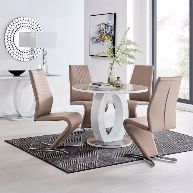 FurnitureboxUK Giovani Round Glass Dining Table and Four Willow Chairs Set in Grey, Yellow and Brown