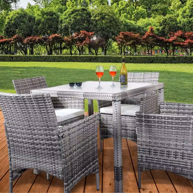 Comfy Living 5 Piece Modern Grey Rattan and Metal Garden Dining Set with Glass Tabletop