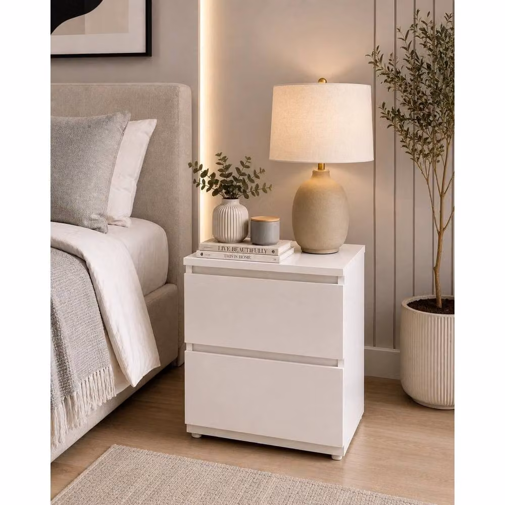 Kelvenix White High Gloss 2 Drawer Bedside Table – 2