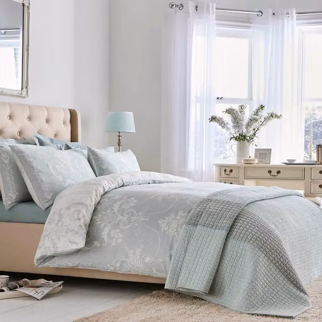 Laura Ashley Josette Reversible Floral Cotton Duvet Cover and Pillowcase Set in Duckegg Blue