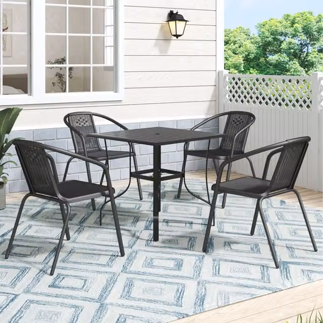 Komore Black Metal Coffee Table and 4 Stackable Rattan Chairs Set