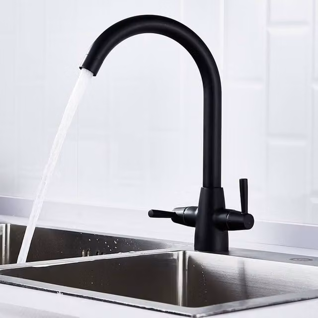 Heable Matte Black Dual-Lever Brass Kitchen Mixer Tap with Swivel Spout – 1