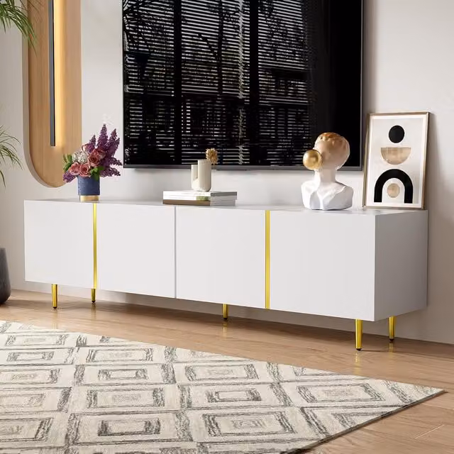 Aosom UK High-Gloss White and Gold MDF TV Cabinet with 4 Soft-Close Hinged Doors and Internal Shelves, W: 170 cm, D: 35 cm, H: 46 cm – 1