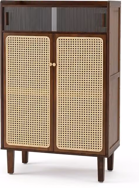 Gymax Bamboo Freestanding Shoe Cabinet with Rattan Sliding Doors in Brown