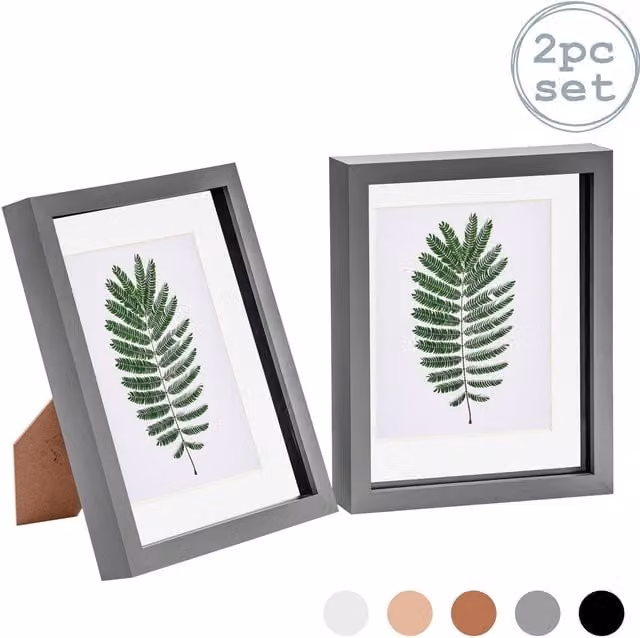 Nicola Spring Pack of 2 Rectangular 3D Box Photo Frames in Grey and White with 5x7 inch Mount, W/D/H: 25.4 x 20.32 x 25.4 cm