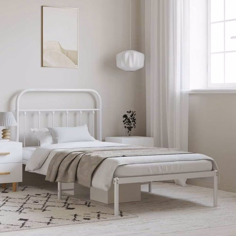 Berkfield Home Metal Bed Frame with Headboard, White, W: 100 cm, L: 190 cm – 2