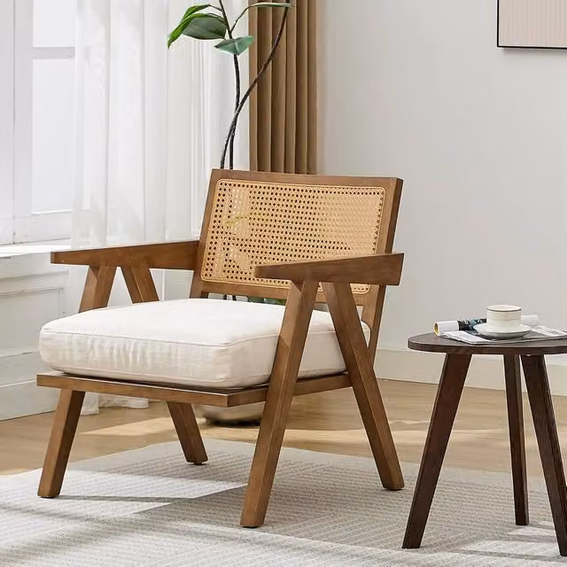 London Boutique Rattan Accent Armchair with Beige Fabric Upholstery – 1