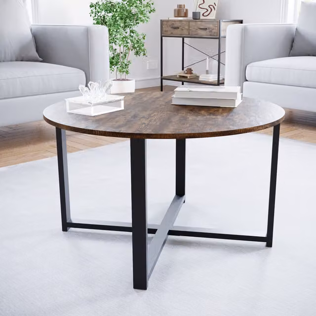 Vida Designs Brooklyn Round Coffee Table in Brown Wood and Metal