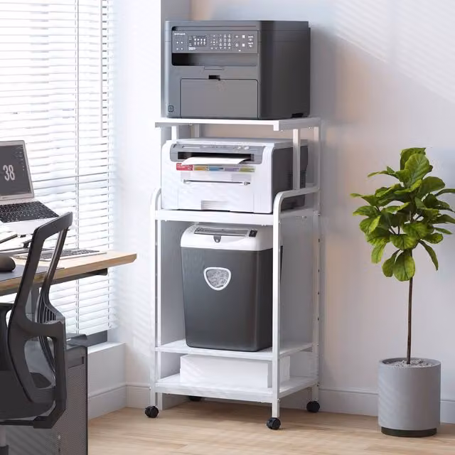 Huhote 4-Tier Printer Stand with Adjustable Storage Shelves and Locking Wheels, White, H 113 x W 40 x D 40 cm