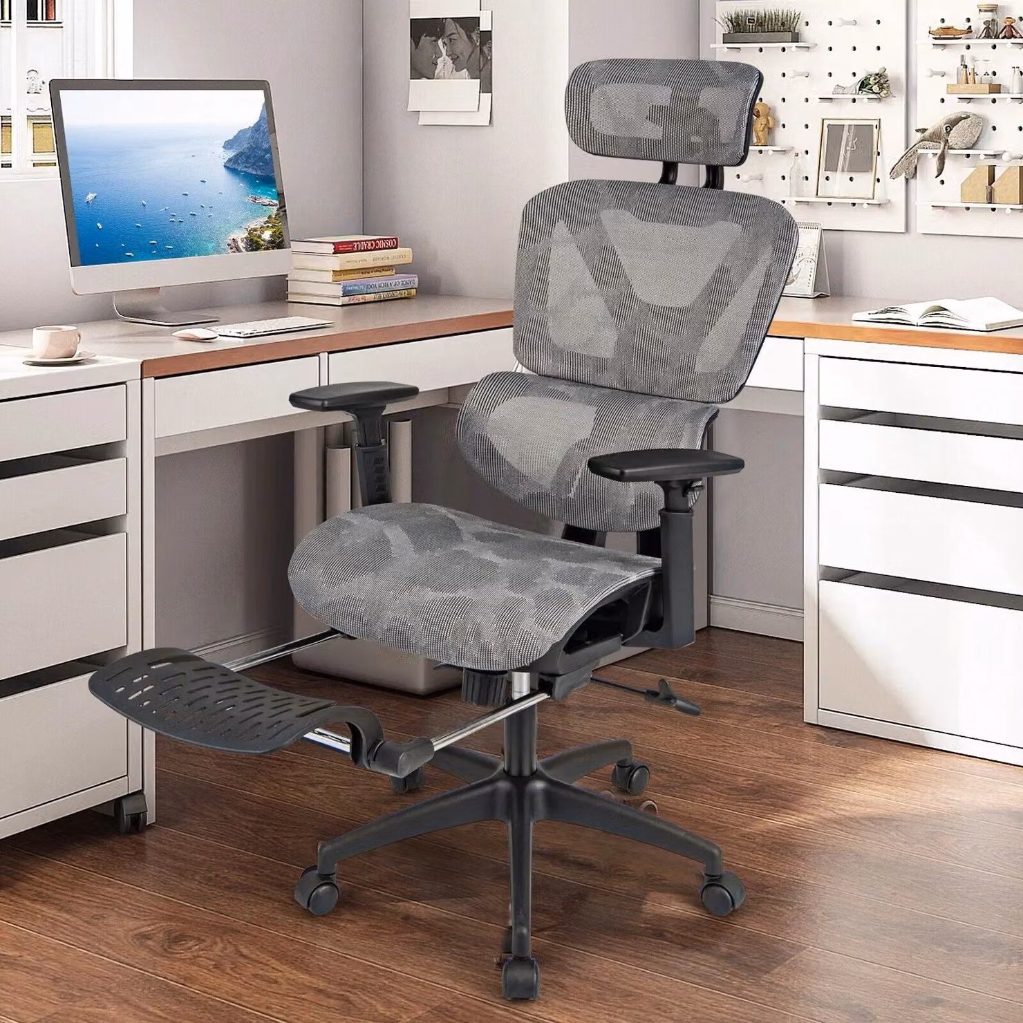 Costway Grey Mesh Executive Office Chair with Headrest, Armrests and 360 Degree Swivel – 3