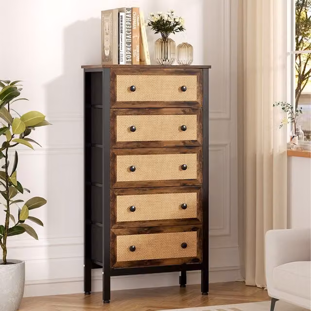Komore Rustic Rattan and Wood Storage Cabinet in Brown and Black, Height: 126.2 cm