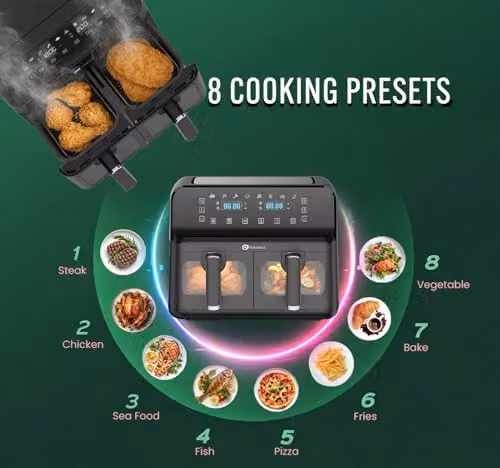 PureMate 9L Dual Air Fryer in Black with Digital Display, 2500W Dual Zone Cooking, Timer and Dishwasher Safe Parts – 3