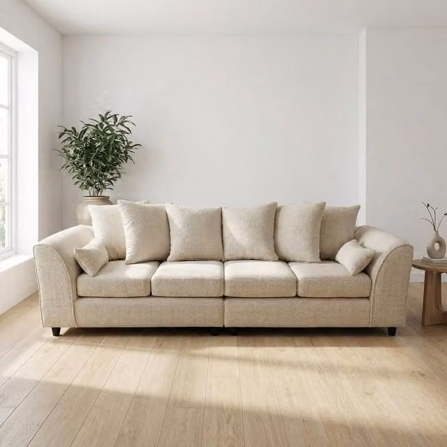 Abakus Direct Jumbo Chenille 4 Seater Sofa in Light Beige with Deep Seats and Angular Arms