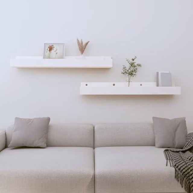 Berkfield Home Set of 2 White Rustic Solid Wood Pine Wall Shelves, W: 80 cm, D: 12 cm, H: 9 cm
