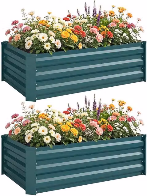 NESTLUNE Set of 2 Green Galvanised Steel Raised Garden Bed Planter Boxes