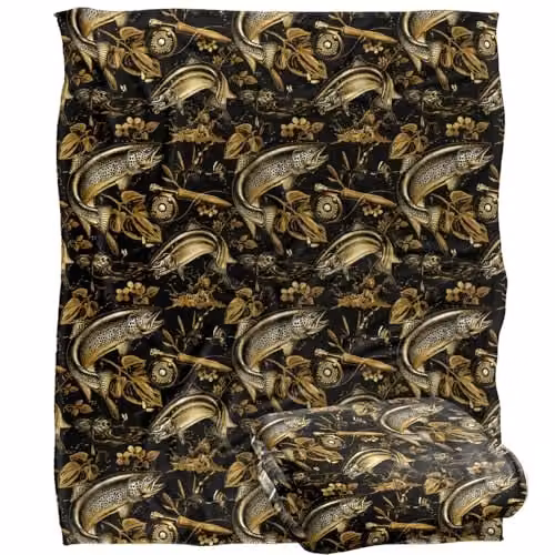 JQ Licensing Trout Tiki Fishing Pattern Super Soft Fleece Throw Blanket, White, W/D/H: 152 x 127 cm