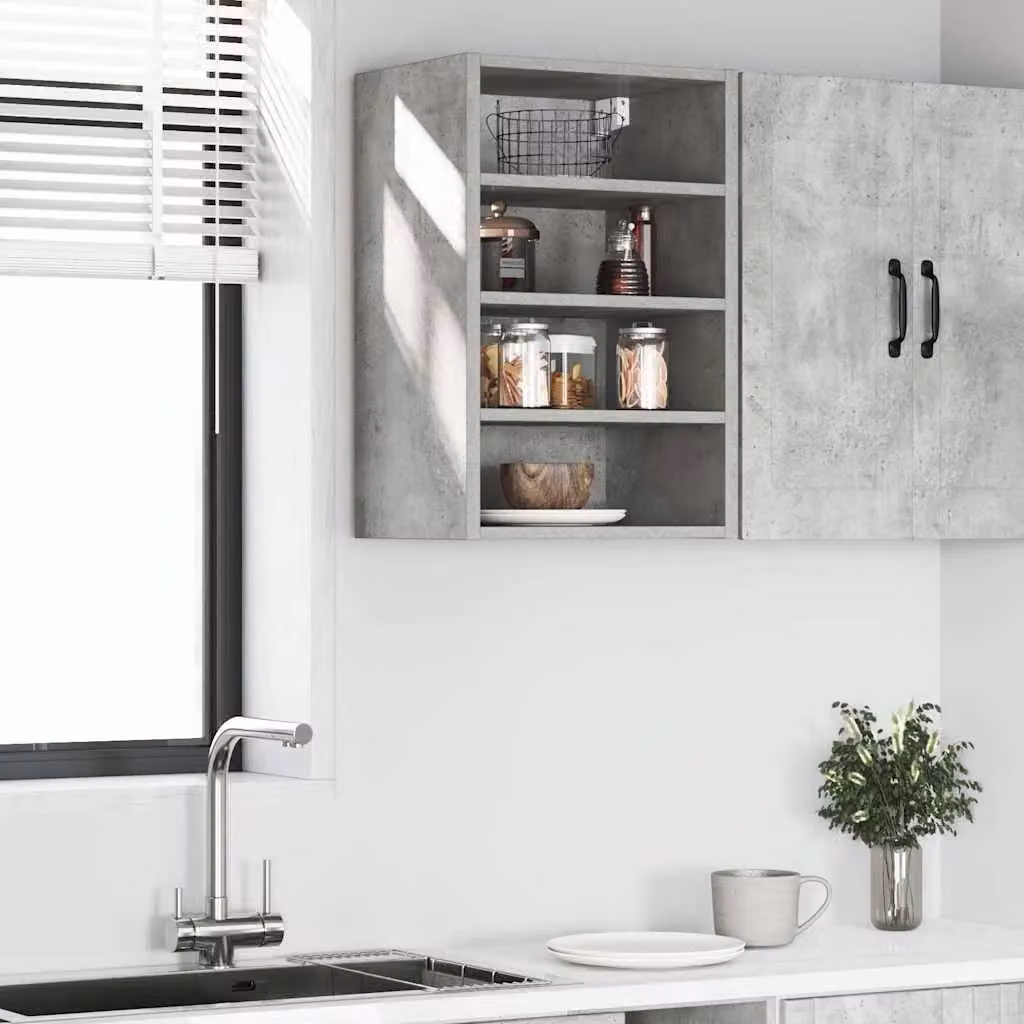 Berkfield Home Wall Mounted Hanging Cabinet in Grey MDF with Hinged Doors and Open Shelf, W/D/H: 40 x 29.5 x 60 cm – 2