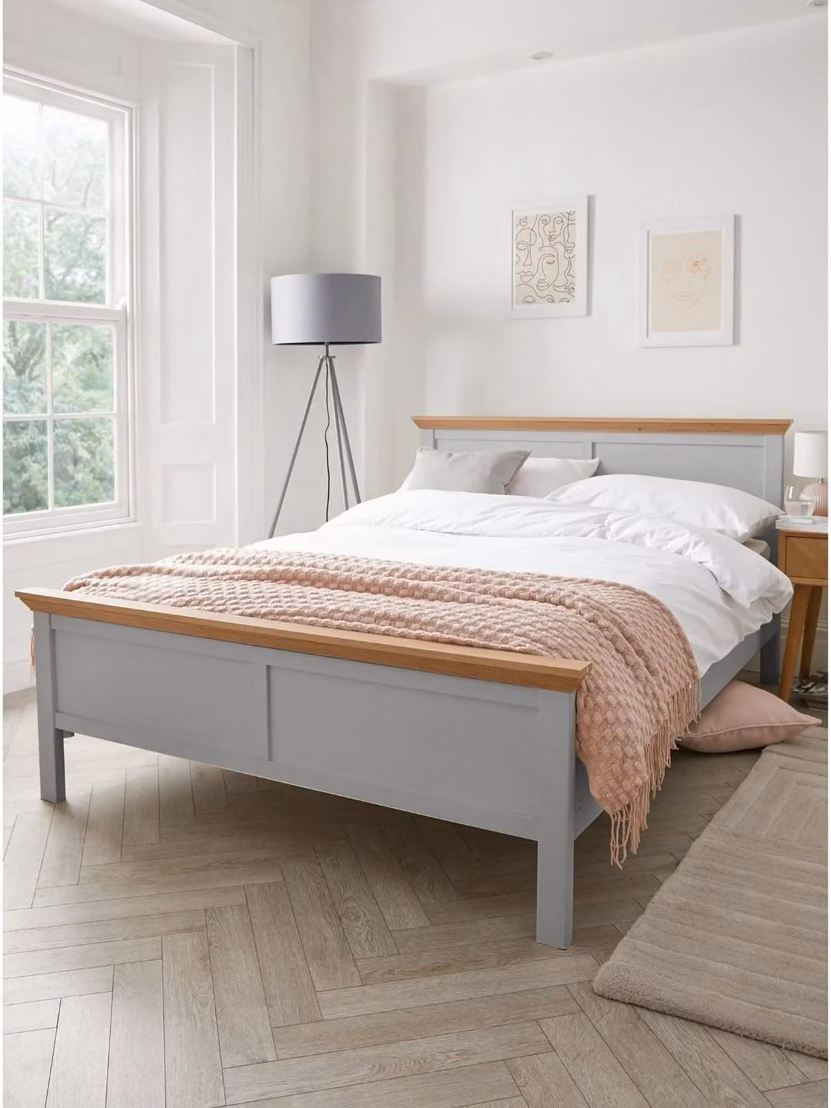 Hanna Double Bed Frame in Grey and Beige Traditional Cottage Style Oak Effect, W/D/H: 140 x 200 x 148 cm