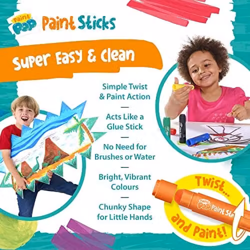 Paint Pops 24 Pack Water Soluble Fast Drying Mess Free Wax Paint Sticks for Children in White and Multicolour – 5