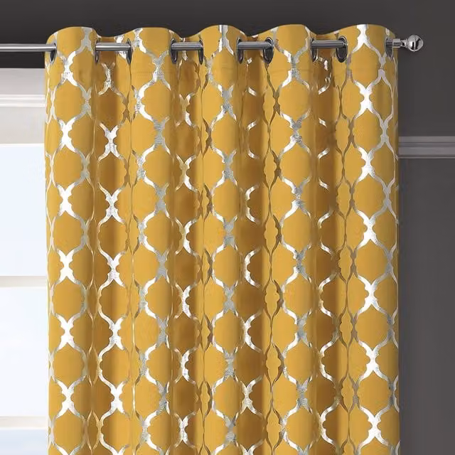 Velosso Arabesque Blackout Eyelet Curtains in Yellow, Width: 116 cm, Drop: 137 cm