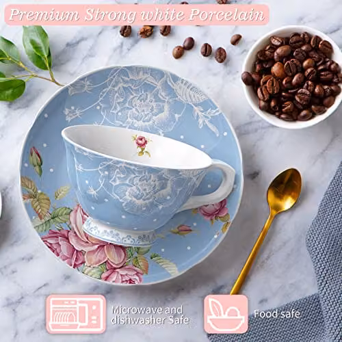 London Boutique Blue and White Floral Tea Cup and Saucer Set in New Bone China – 3