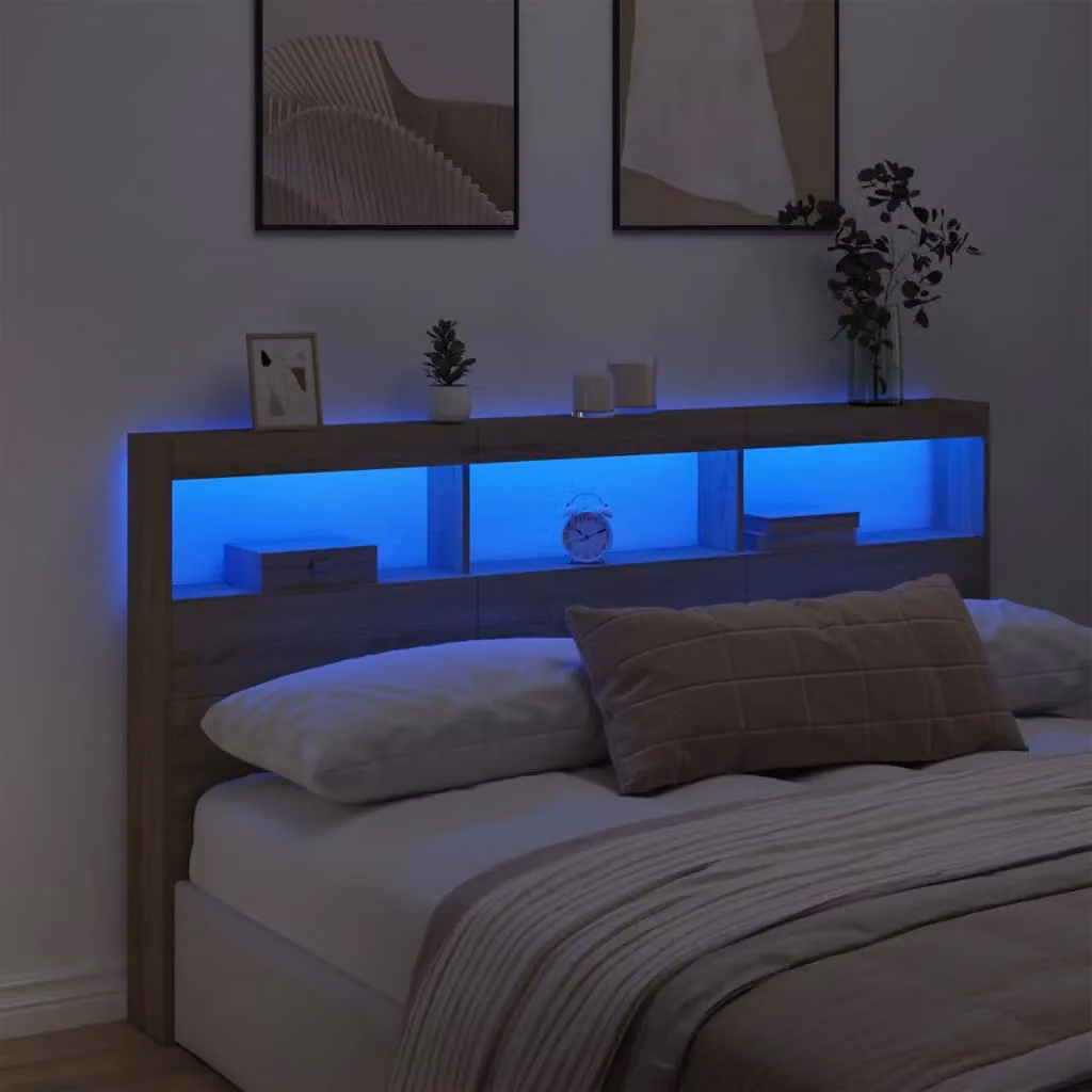 Berkfield Home Modern Sonoma Oak Headboard Cabinet in Brown with LED Lighting and USB Charging Port, W: 180 cm, D: 17 cm, H: 102 cm – 3
