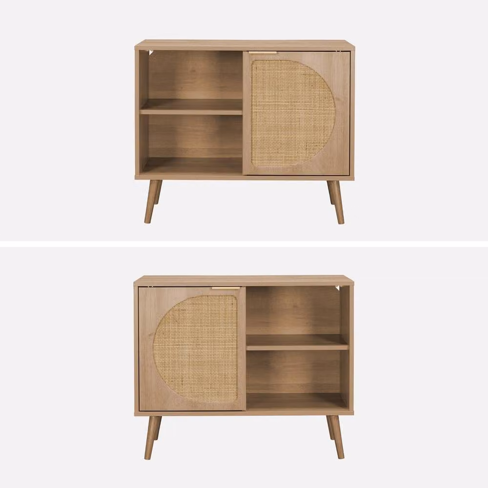 Sweekeek Modern Wood and Rounded Cane Rattan Sideboard in Light Brown, Width: 80 cm – 2