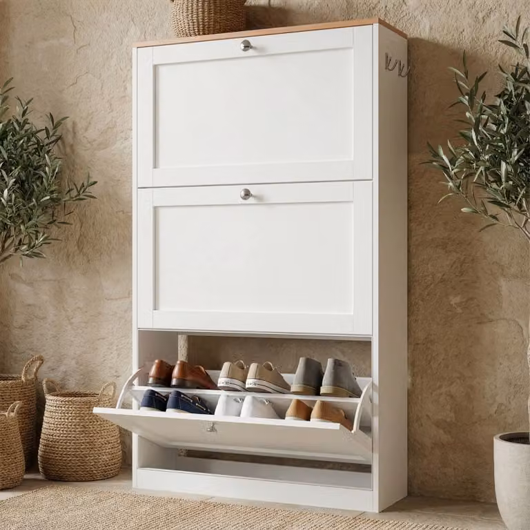 Shaker 3 Drawer Slim Shoe Cabinet in White for Hallway Storage