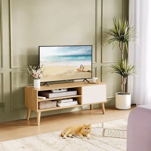 VASAGLE Retro Oak Wood Modern TV Stand Cabinet, W: 120 cm, D: 40 cm, H: 49 cm