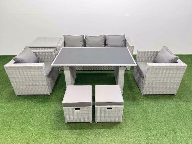 Fimous Patio Garden Furniture Set in Light Grey with Dining Table, Side Table and 2 Small Stools