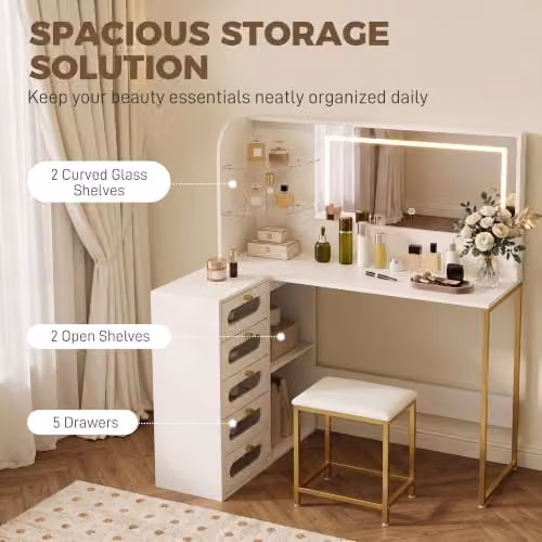 HOMCOM Modern White and Gold Dressing Table with Adjustable LED Mirror and Stool, W/D/H: 120 x 80 x 135 cm – 3