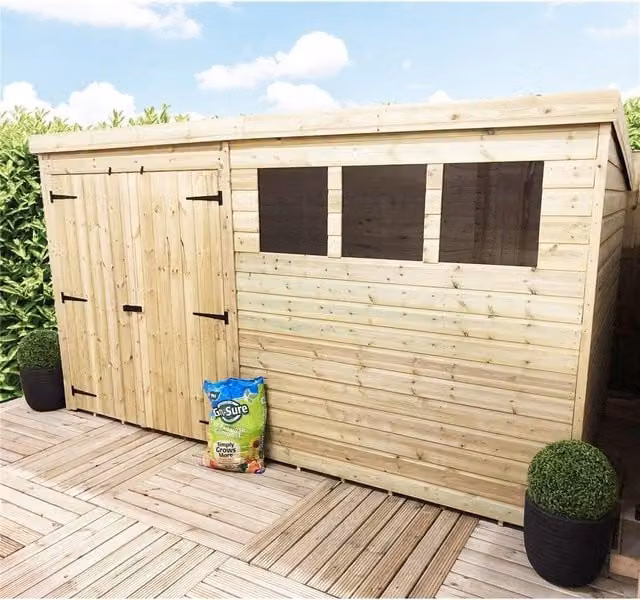 Marlborough Pressure Treated Pent Garden Shed with Double Doors in Natural Wood